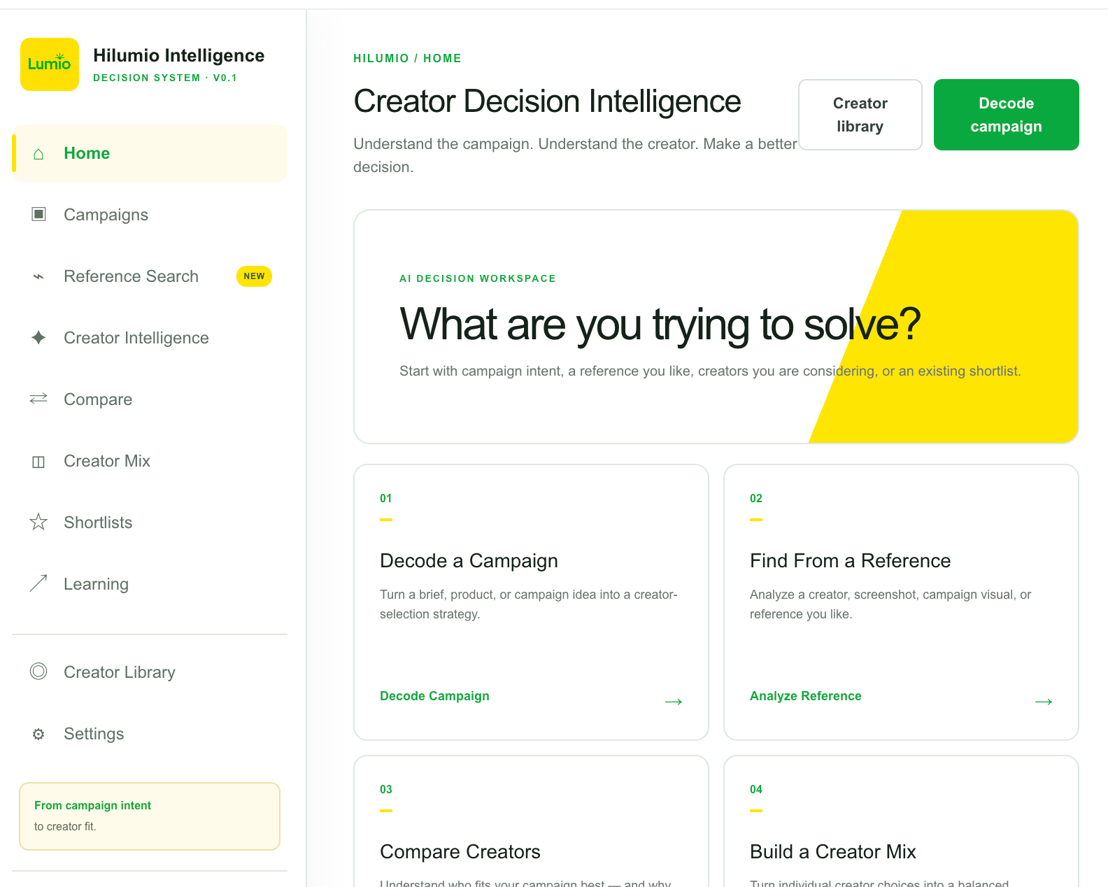 Current hiLumio Intelligence decision workspace interface concept